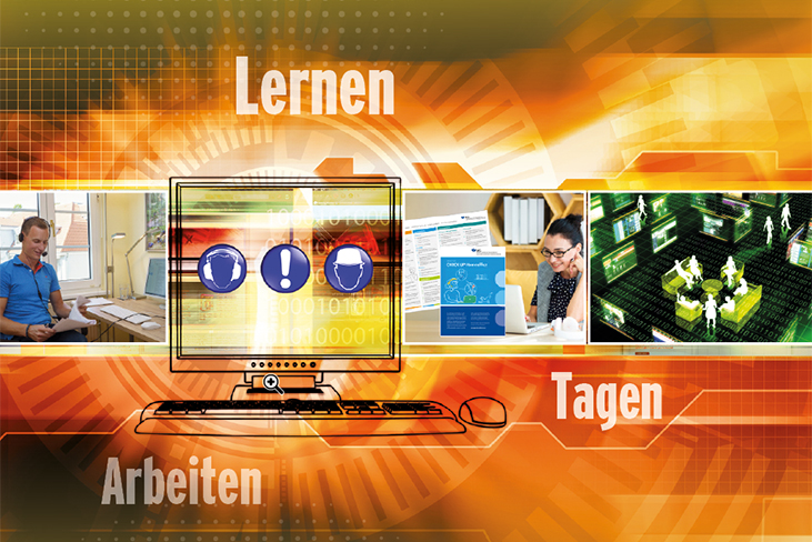 Computerbildschirm mit Warnsymbolen, umgeben von Bildern von Personen an Schreibtischen und einem digitalen Labyrinth, Text 'Lernen', 'Tagen', 'Arbeiten'.