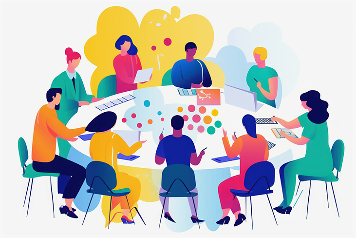 Illustration von neun Personen, die an einem runden Tisch sitzen und gemeinsam an Laptops und Dokumenten arbeiten.