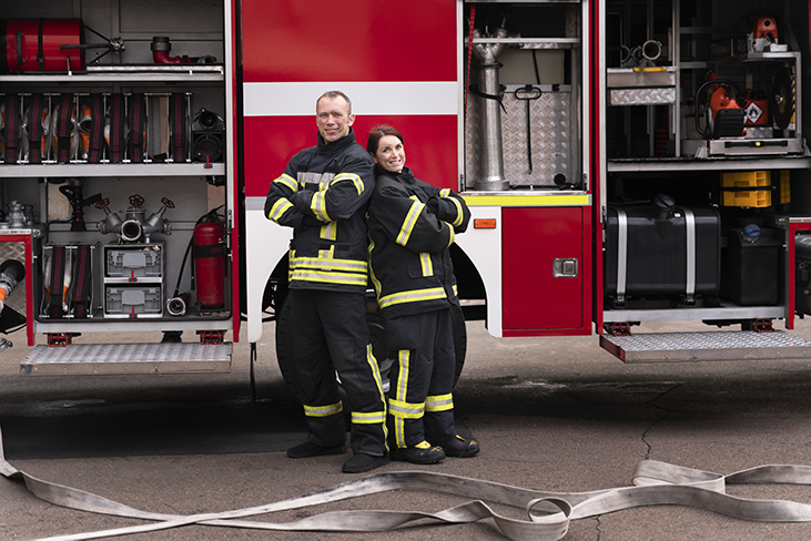 Zwei Feuerwehrleute in Schutzkleidung stehen mit verschränkten Armen vor einem geöffneten roten Feuerwehrauto mit sichtbarer Ausrüstung und ausgerollten Schläuchen auf dem Boden.