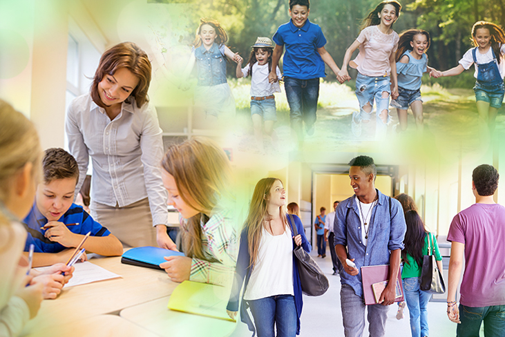 Collage aus drei Fotos: Eine Lehrerin schaut Schulkindern im Unterricht über die Schulter. Eine Studentin und ein Student laufen über einen Flur. Ein Gruppe von sechs Kindern hält sich an den Händen und rennt.