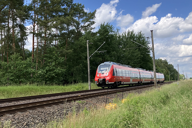 Regionalbahn fährt durch grüne Landschaft