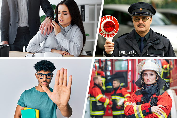 Foto-Collage, die vier Personen in kritischen Situationen am Arbeitsplatz zeigt: Studentin, Polizist, junger Mann, Feuerwehrfrau